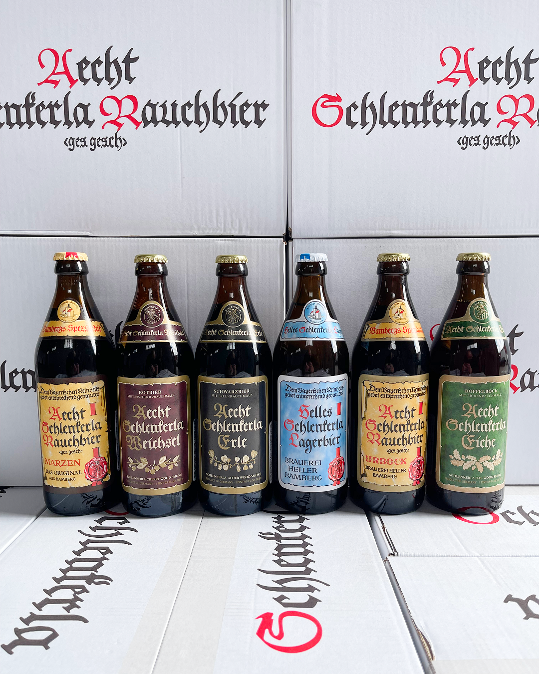 Six types of Schlenkerla beer in bottles