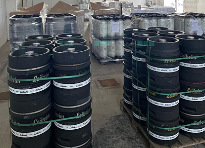 Craft beer kegs in warehouse